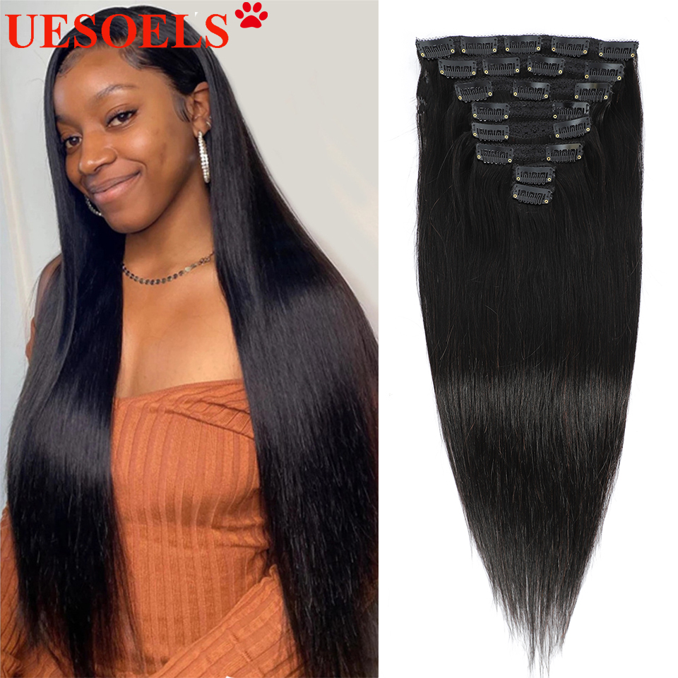클립 Ins 자연 블랙 컬러 전체 머리 8 조각 120 그램/대 레미 스트레이트와 변태 곱슬 브라질 머리카락 흑인 여성을위한 도매